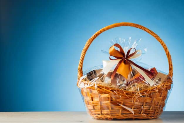 A beautifully wrapped gift basket
