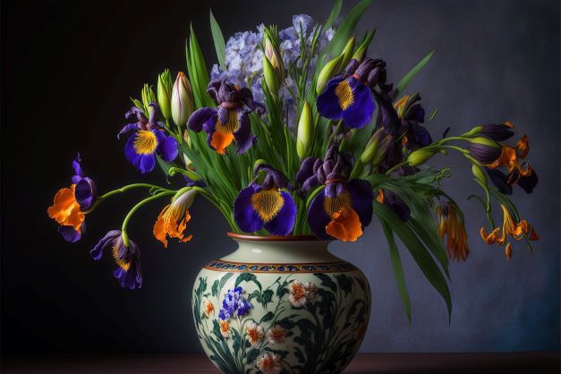 blue irises and lilies in a vase of flowers