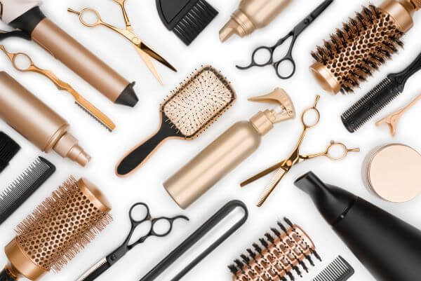 An extensive range of hair care products including scissors, brushes and hair dryers