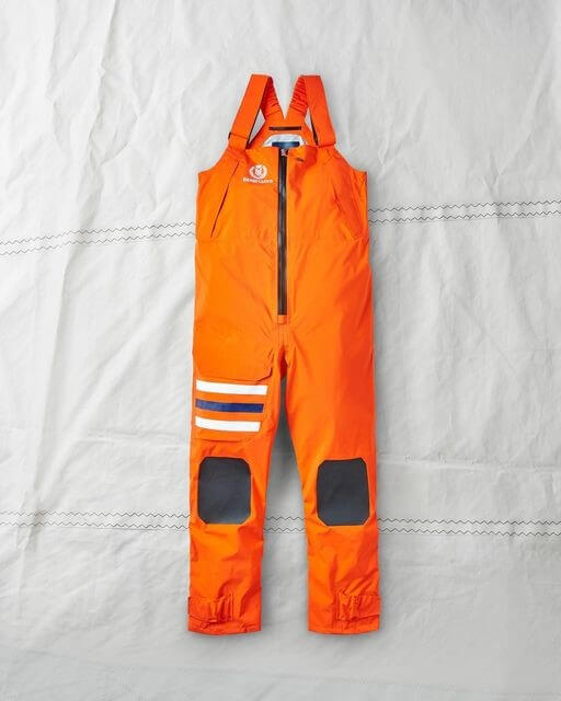 A pair of bright orange wet weather sailing overalls
