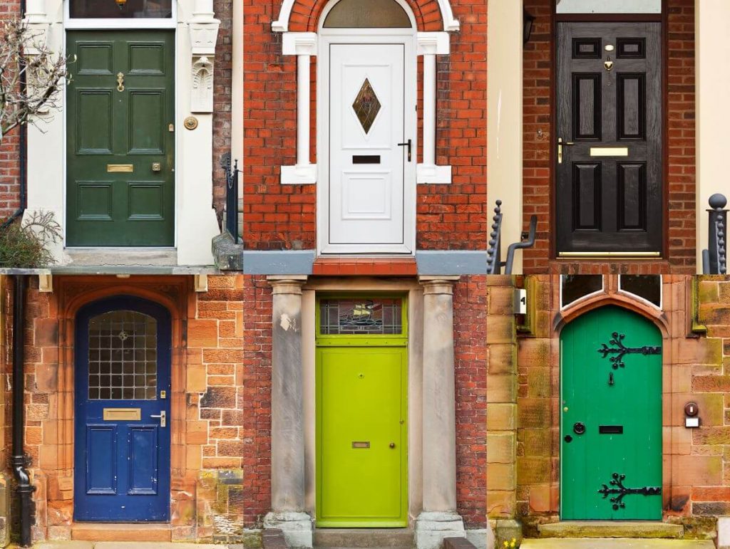 A collection of old front doors in lots of colours