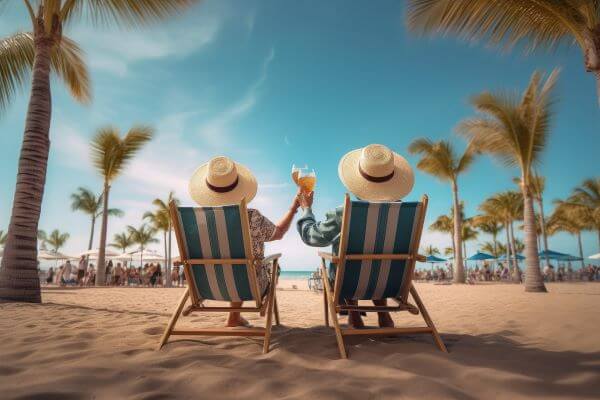 Old couple sitting in deck chairs on a beach