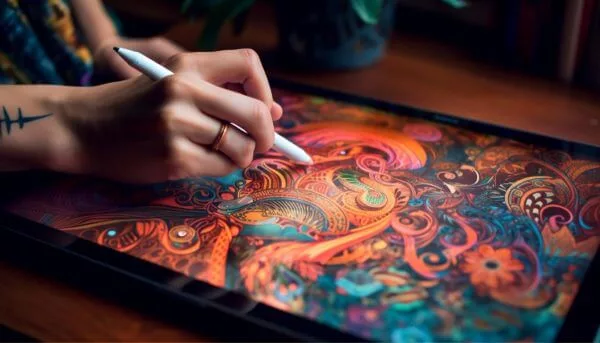 Large artist painting in orange and blue swirls