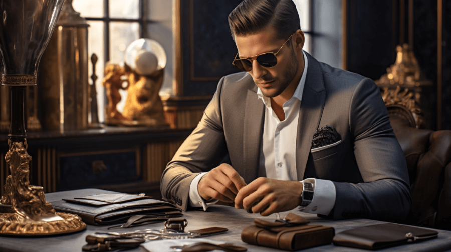 a sophisticated well groomed man examining a high quality leather wallet designer sunglasses and a luxurious wristwatch