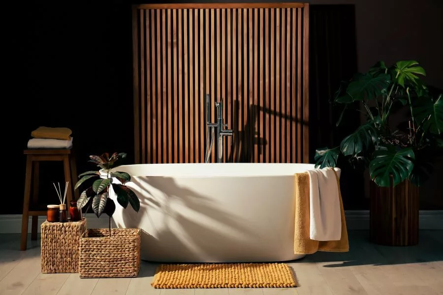 bathroom with natural wood and plants jpg