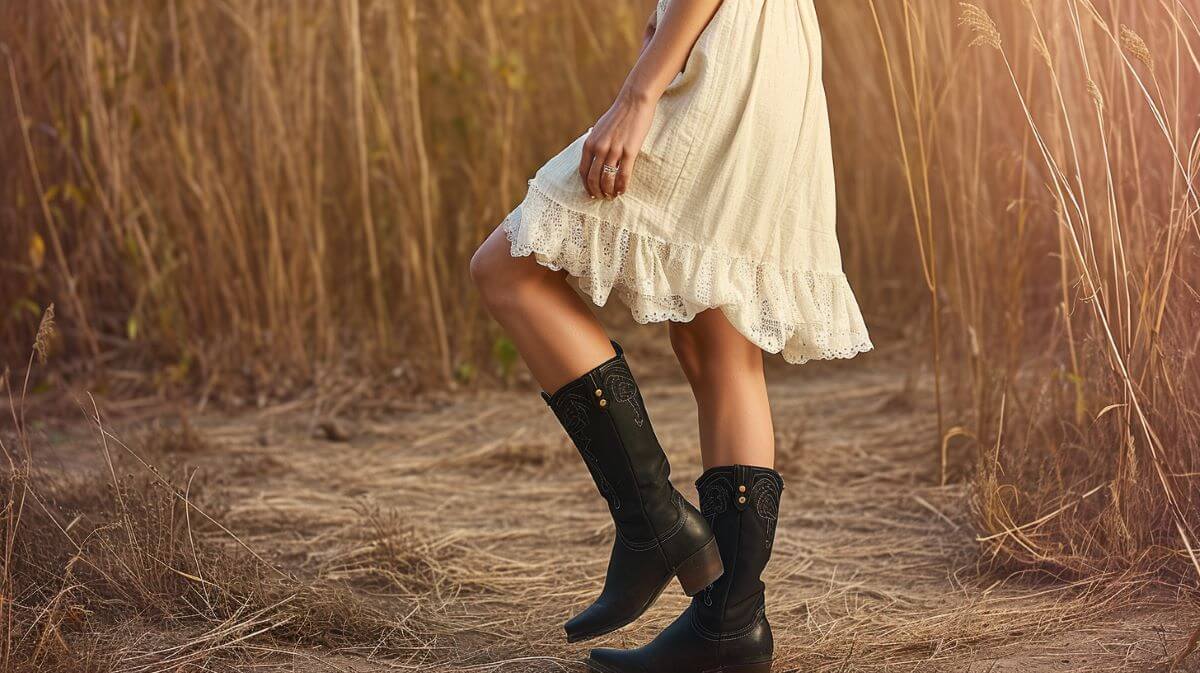 woman in white dress and black cowboy boots